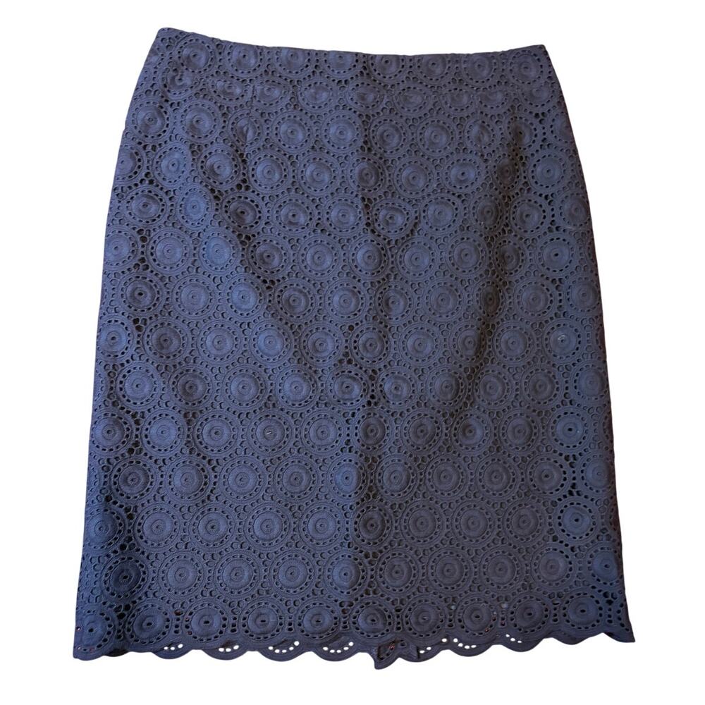 JIGSAW Women's Pencil Skirt Size 12 Navy Blue Pinwheel Eyelet Lace Scalloped
